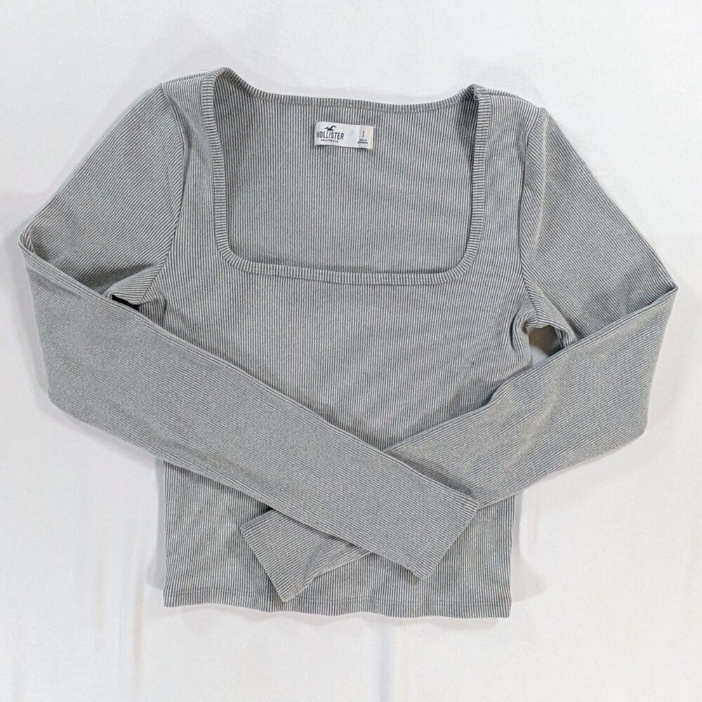 Hollister Ribbed Long Sleeve Shirt Women’s Small Gray Cotton Polyester coquette